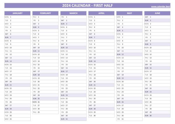 Blank calendar for first half 2024