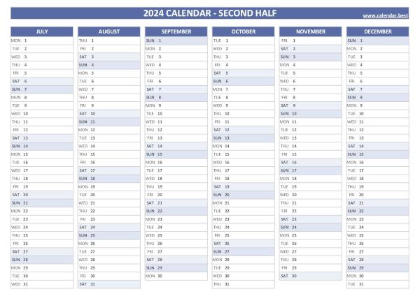 Blank calendar for second half 2024