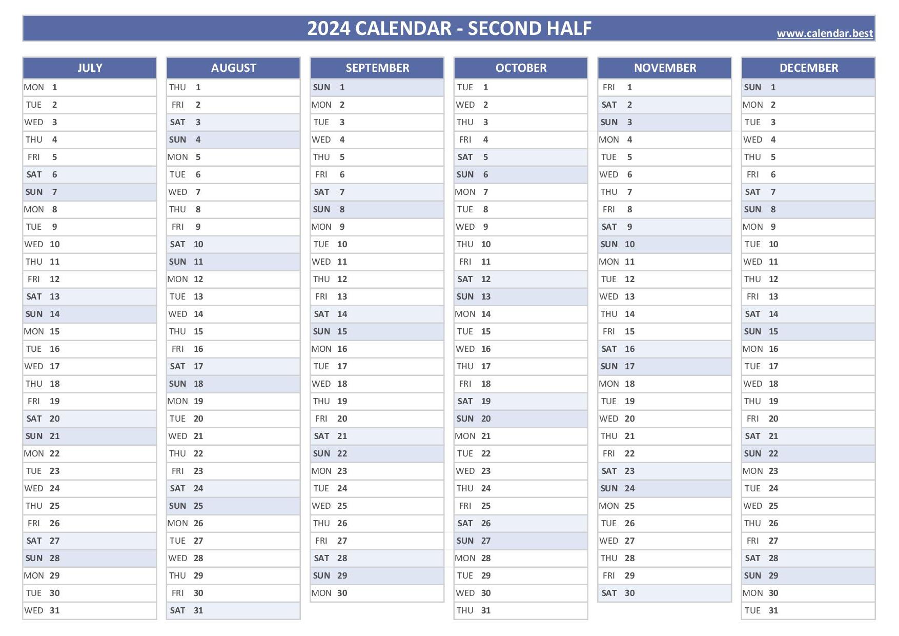 2024 half year calendar to print