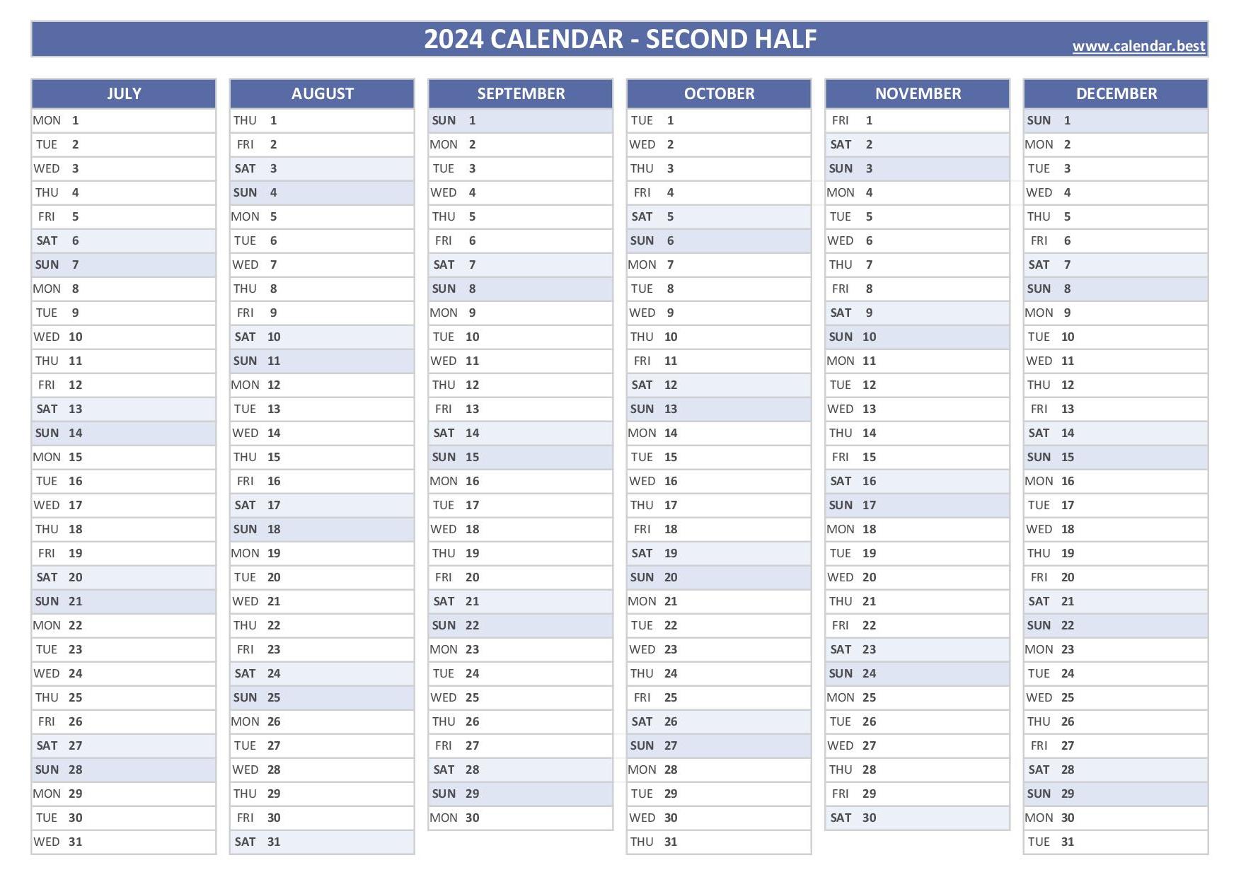2024 Half Year Calendar To Print