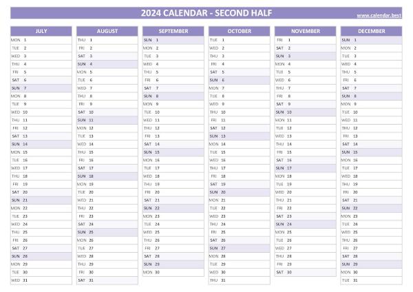 Calendar for the last 6 months of 2024 to print for free, blank version, purple template, A4 landscape format Blank calendar for second half 2024