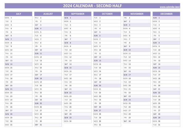 Blank calendar for second half 2024