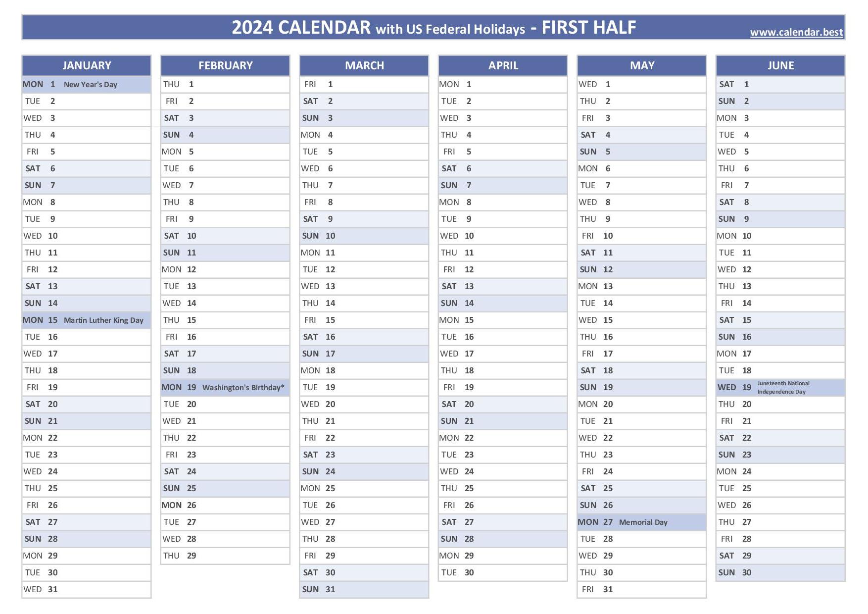 2024 half year calendar to print