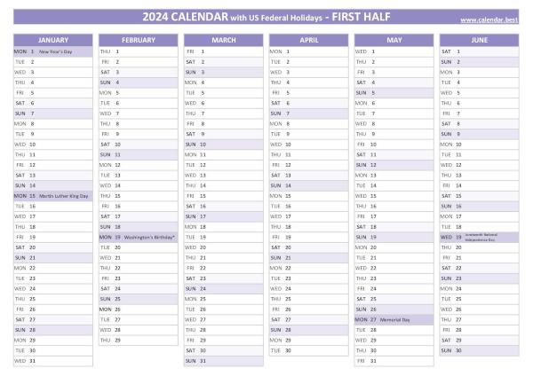 1st half 2024 calendar with holidays to print, purple template First half year calendar 2024 with holidays