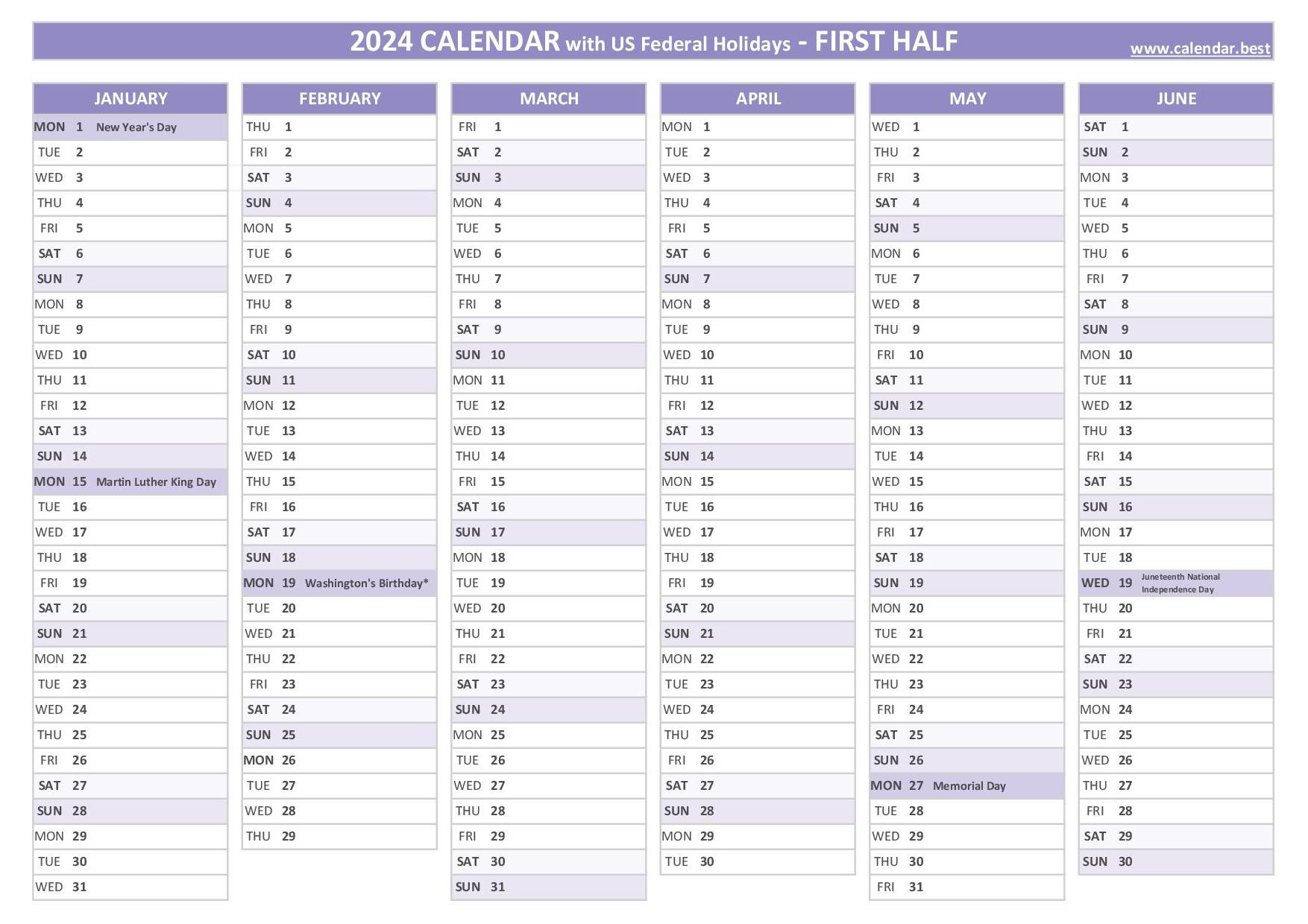 First half year calendar 2024 with holidays