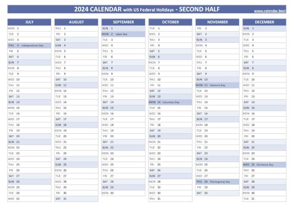 Second half year calendar 2024 with holidays