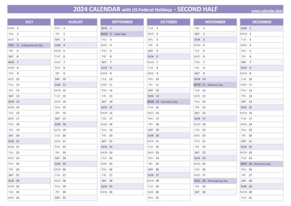 Second half year calendar 2024 with holidays