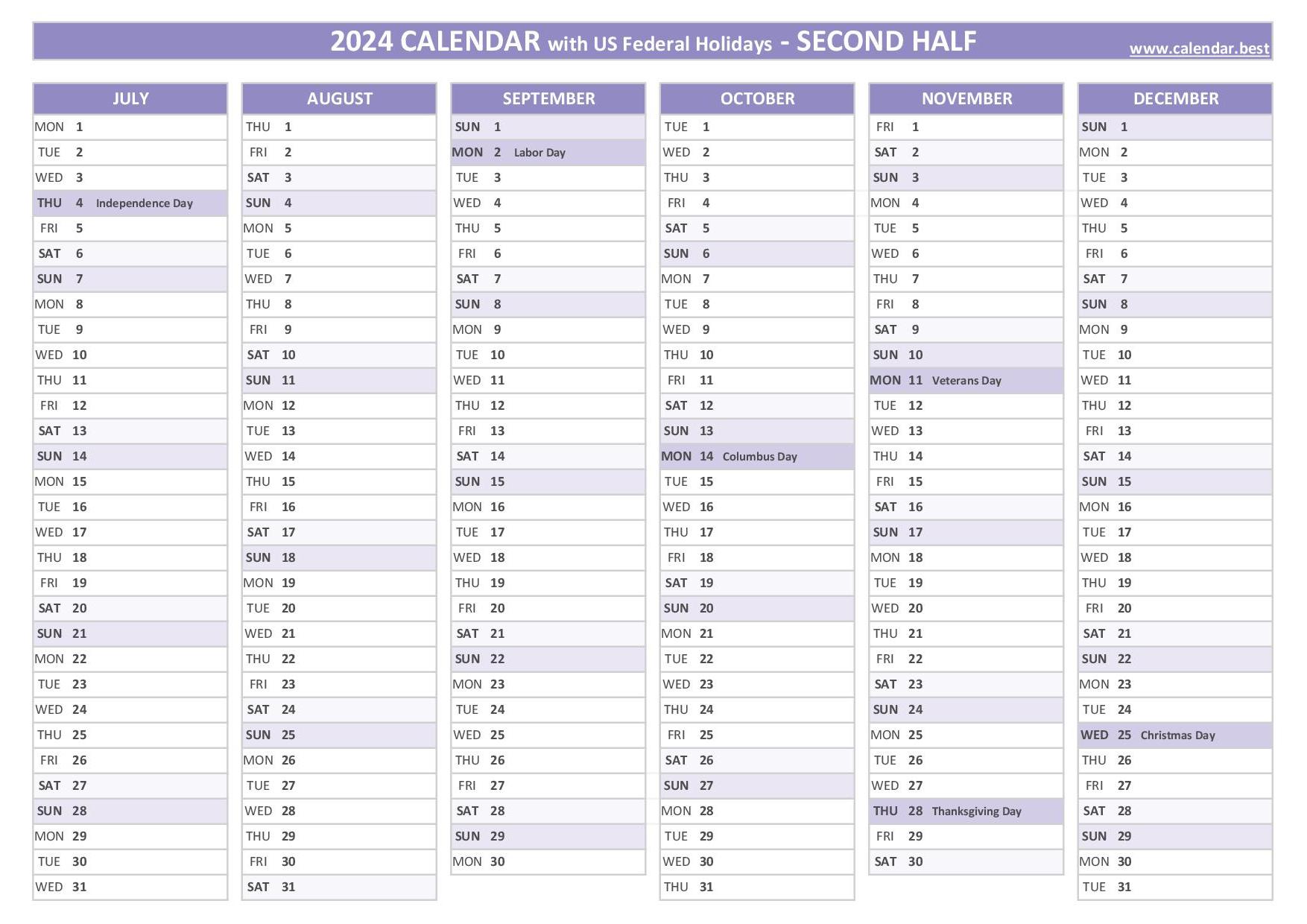 2024 half year calendar to print