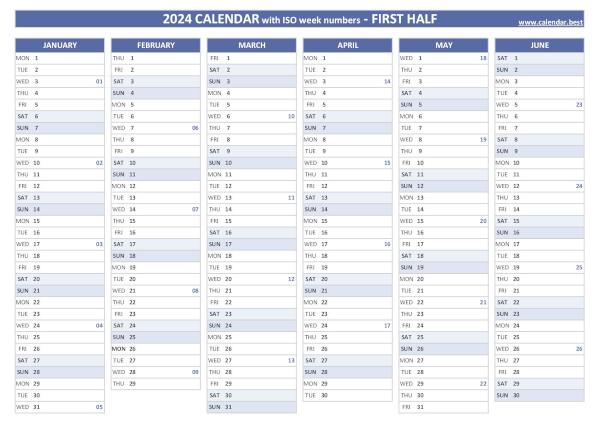 First half year calendar 2024 with ISO week numbers