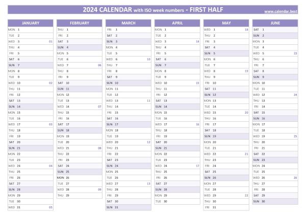 First half year calendar 2024 with ISO week numbers