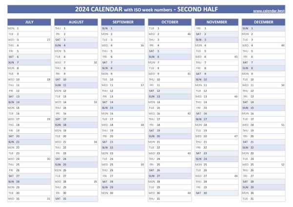 Second half year calendar 2024 with ISO week numbers