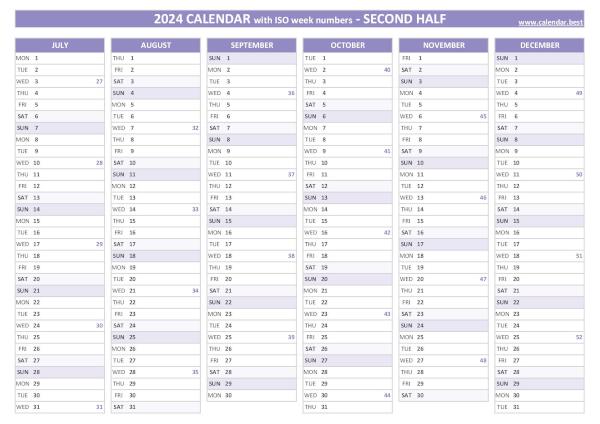 Second half year calendar 2024 with ISO week numbers