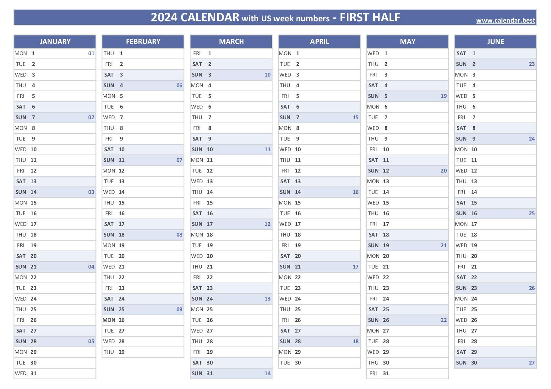 2024 half year calendar to print