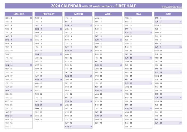 First half year calendar 2024 with week numbers