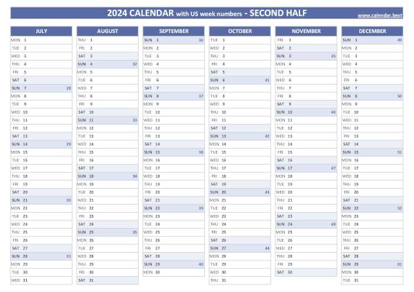 Second half year calendar 2024 with US week numbers