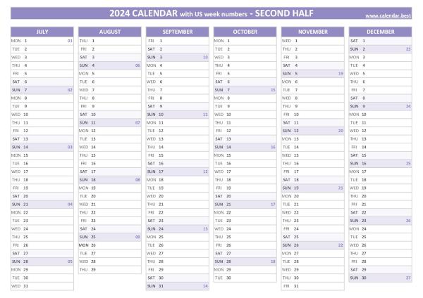 Second half year calendar 2024 with US week numbers