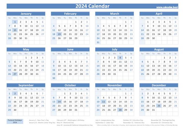 Calendar 2024 with holidays
