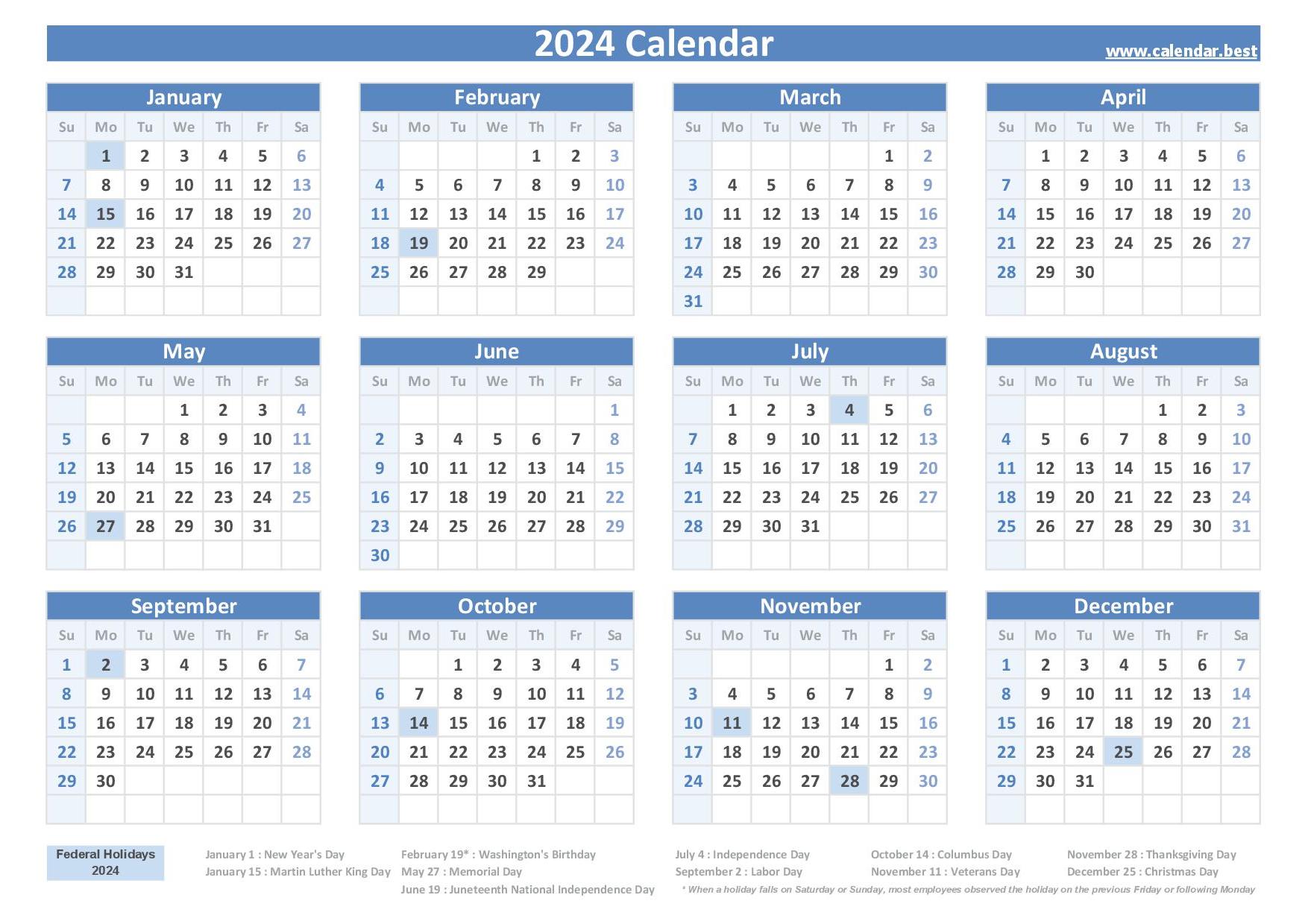 2024 Federal Holidays : list and 2024 calendar with holidays to print