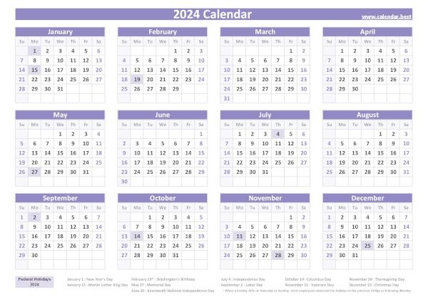 Printable 2024 calendar with holidays, free download, landscape A4 version, purple template. 2024 calendar with holidays.