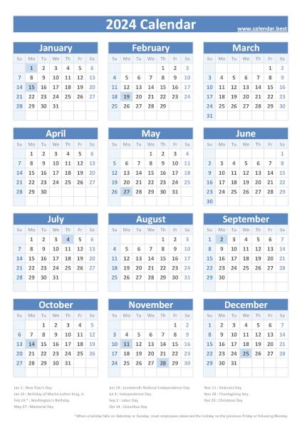 2024 calendar with holidays, blue template