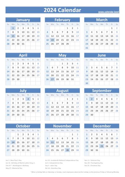 Printable 2024 calendar with holidays, free dowload in pdf or jpg, portrait format, blue template. 2024 calendar with holidays, blue template