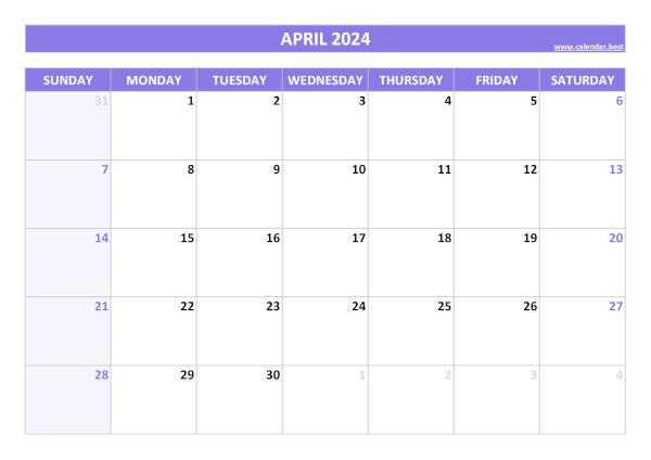 Blank monthly calendar : April 2024