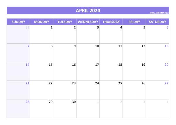 Blank monthly calendar : April 2024