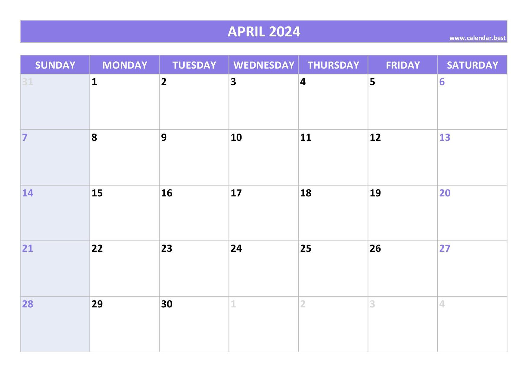 April calendar 2024 with holidays