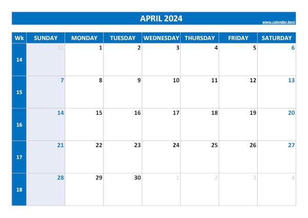 April calendar 2024 with week numbers
