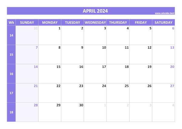April 2024 calendar with weeks