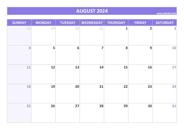 Blank monthly calendar : August 2024