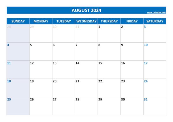 August calendar 2024 with holidays