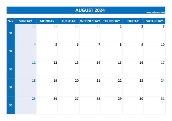August calendar 2024 with week numbers