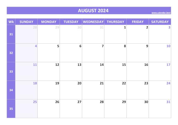 August 2024 calendar with weeks