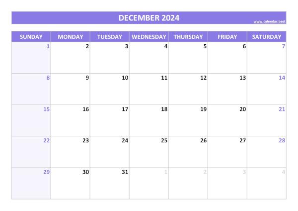 December 2024 calendar printable, free download, purple template December calendar 2024