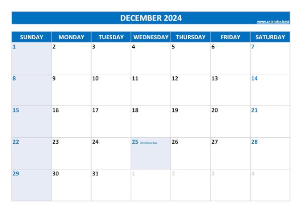 December calendar 2024 with holidays