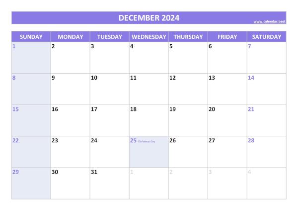 December calendar 2024 with holidays