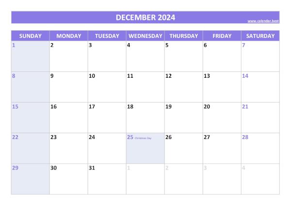 Printable monthly calendar with holidays, Month of december 2024, purple template december 2024 calendar with holidays