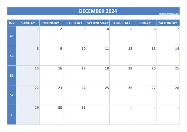 December 2024 calendar printable with week numbers, free download, blue template December calendar 2024 with week numbers