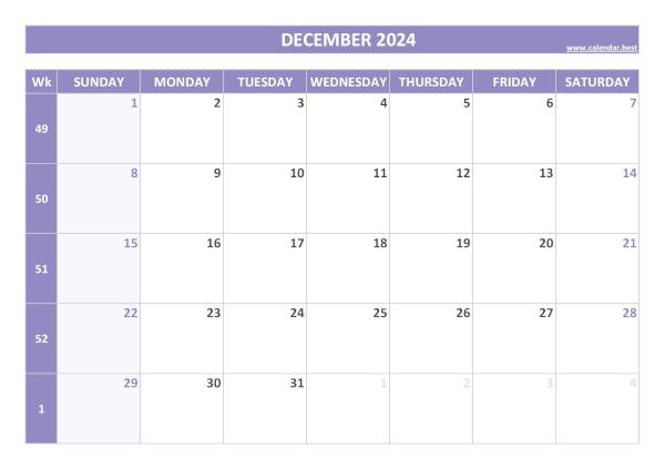 December 2024 calendar printable with week numbers, free download, purple template December calendar 2024 with week numbers