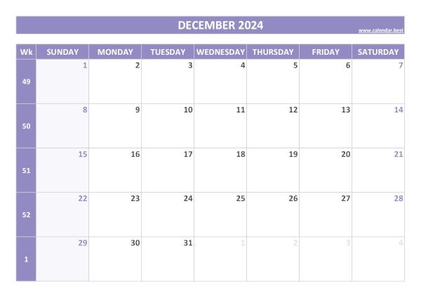 December calendar 2024 with week numbers