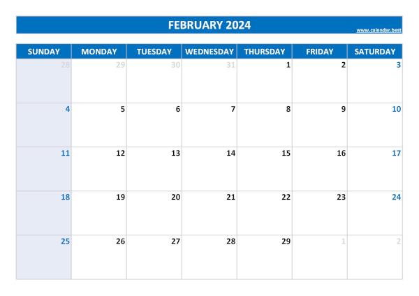 Monthly calendar for the month of February 2024