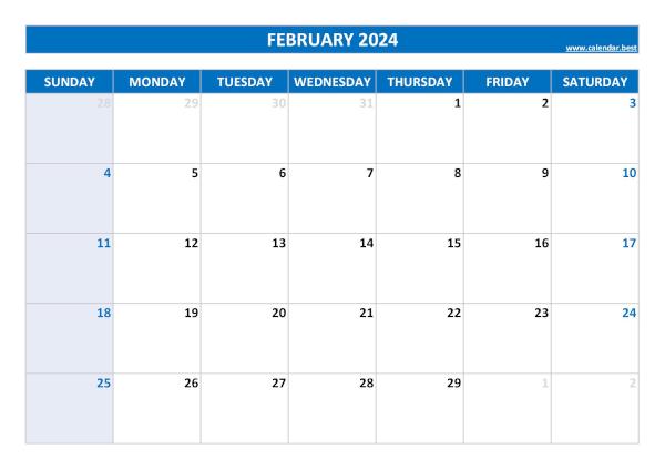 February 2024 calendar printable, free download, blue template February calendar 2024