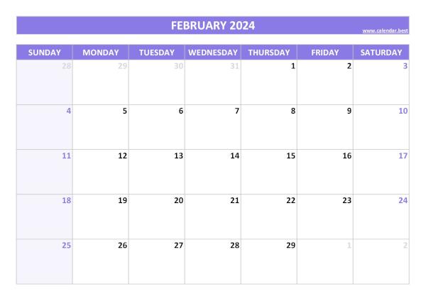 Blank monthly calendar : February 2024