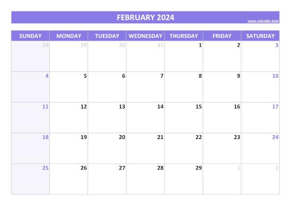 February 2024 calendar printable, free download, purple template February calendar 2024