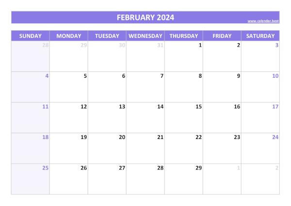 February 2024 printable calendar