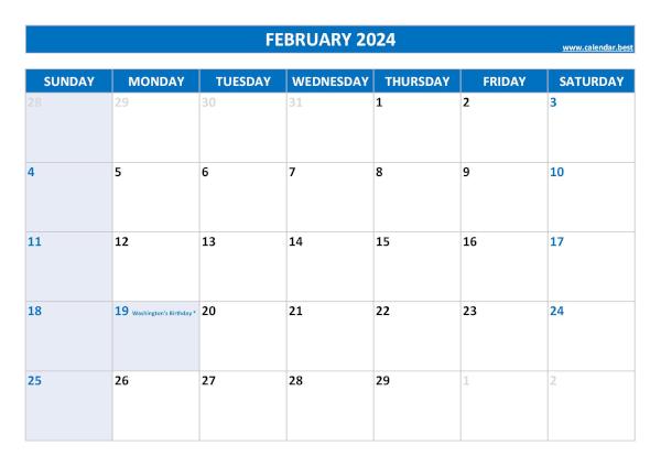 February 2024 calendar printable with federal holidays, free download, blue template February calendar 2024 with holidays