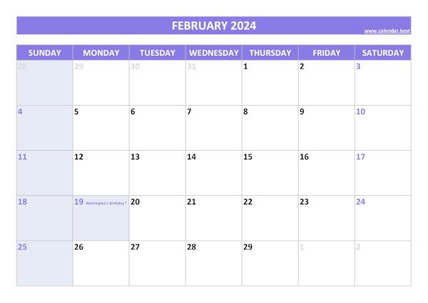 February 2024 calendar with holidays