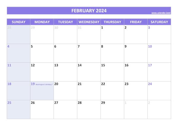 Printable monthly calendar with holidays, Month of February 2024, purple template February 2024 calendar with holidays