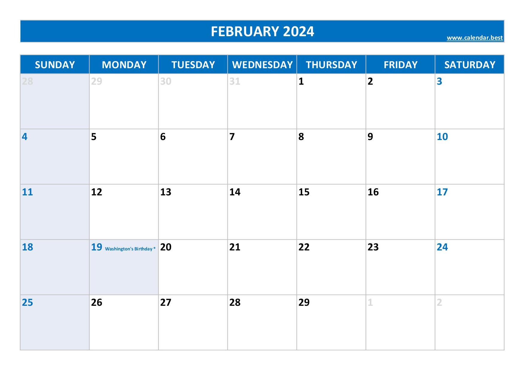 February 2024 Calendar Printable PDF Template With Holidays